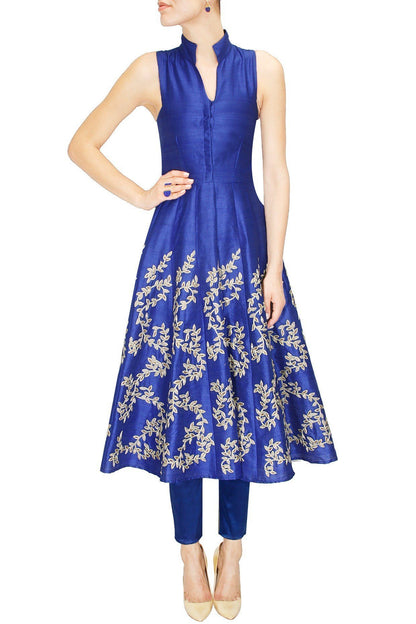 Cobalt Blue Long Dress with Leaf Embroidery &amp; Fitted Cigarette Pants