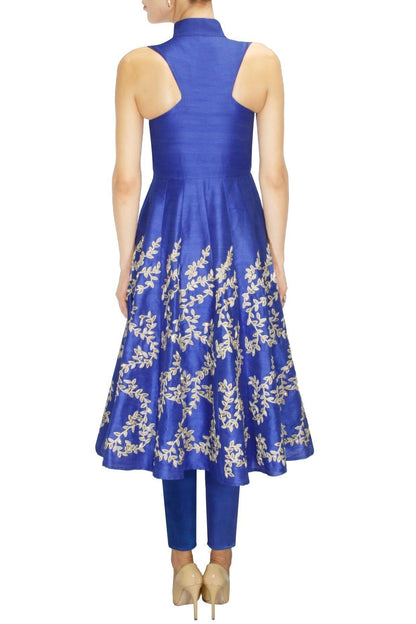 Cobalt Blue Long Dress with Leaf Embroidery &amp; Fitted Cigarette Pants