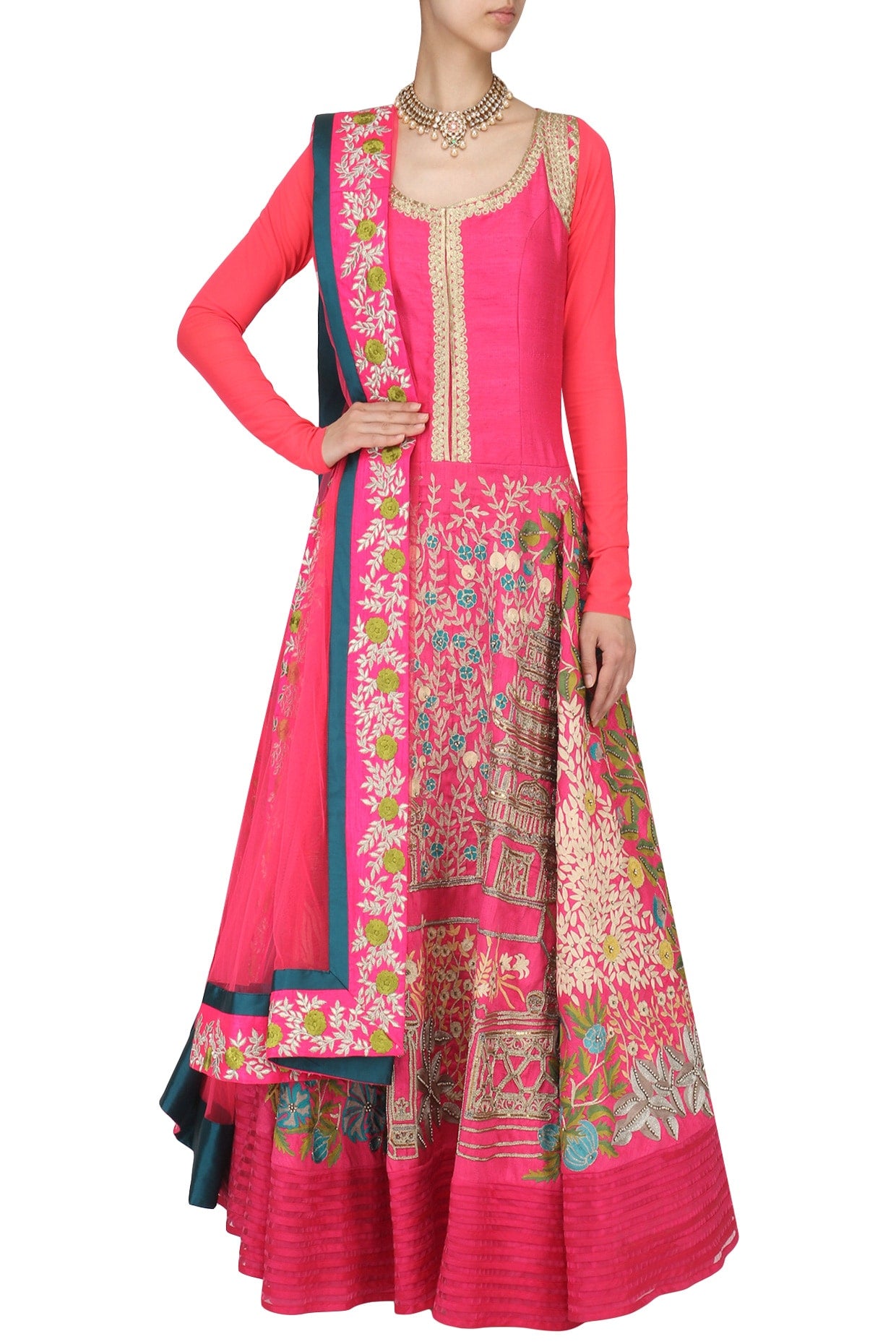 Fuschia Pink Full Length Floral Heavy Embroidered Anarkali