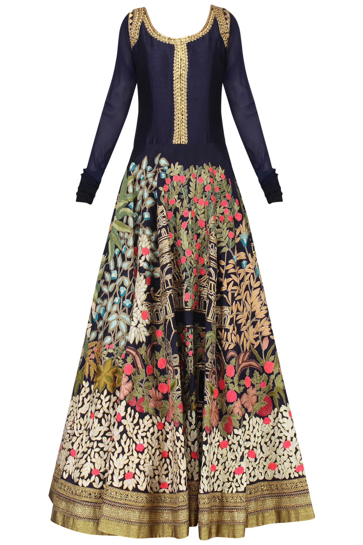 Navy Blue Floral Embroidered Floor Length Heavy Anarkali Gown
