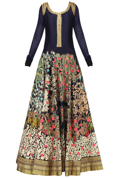 Navy Blue Floral Embroidered Floor Length Heavy Anarkali Gown