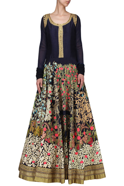Navy Blue Floral Embroidered Floor Length Heavy Anarkali Gown