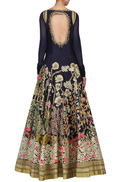Navy Blue Floral Embroidered Floor Length Heavy Anarkali Gown