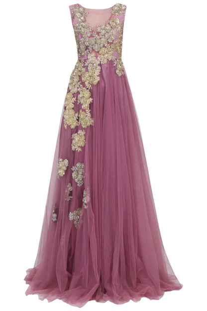 Dark Mauve Onion Pink Floral Motif Gown