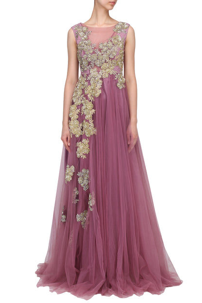 Dark Mauve Onion Pink Floral Motif Gown