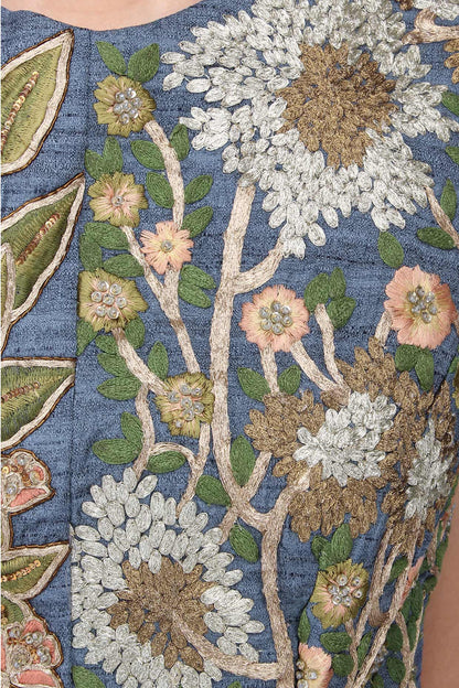 Greyish Slate Blue Floral Embroidered Gown