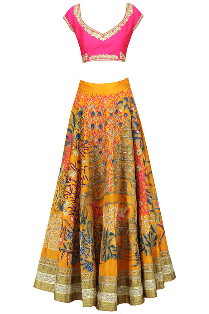 Shruti Hassan in Pink & Mustard Yellow Floral Temple Embroidered Heavy Lehenga Set