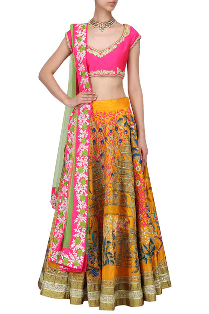 Shruti Hassan in Pink & Mustard Yellow Floral Temple Embroidered Heavy Lehenga Set