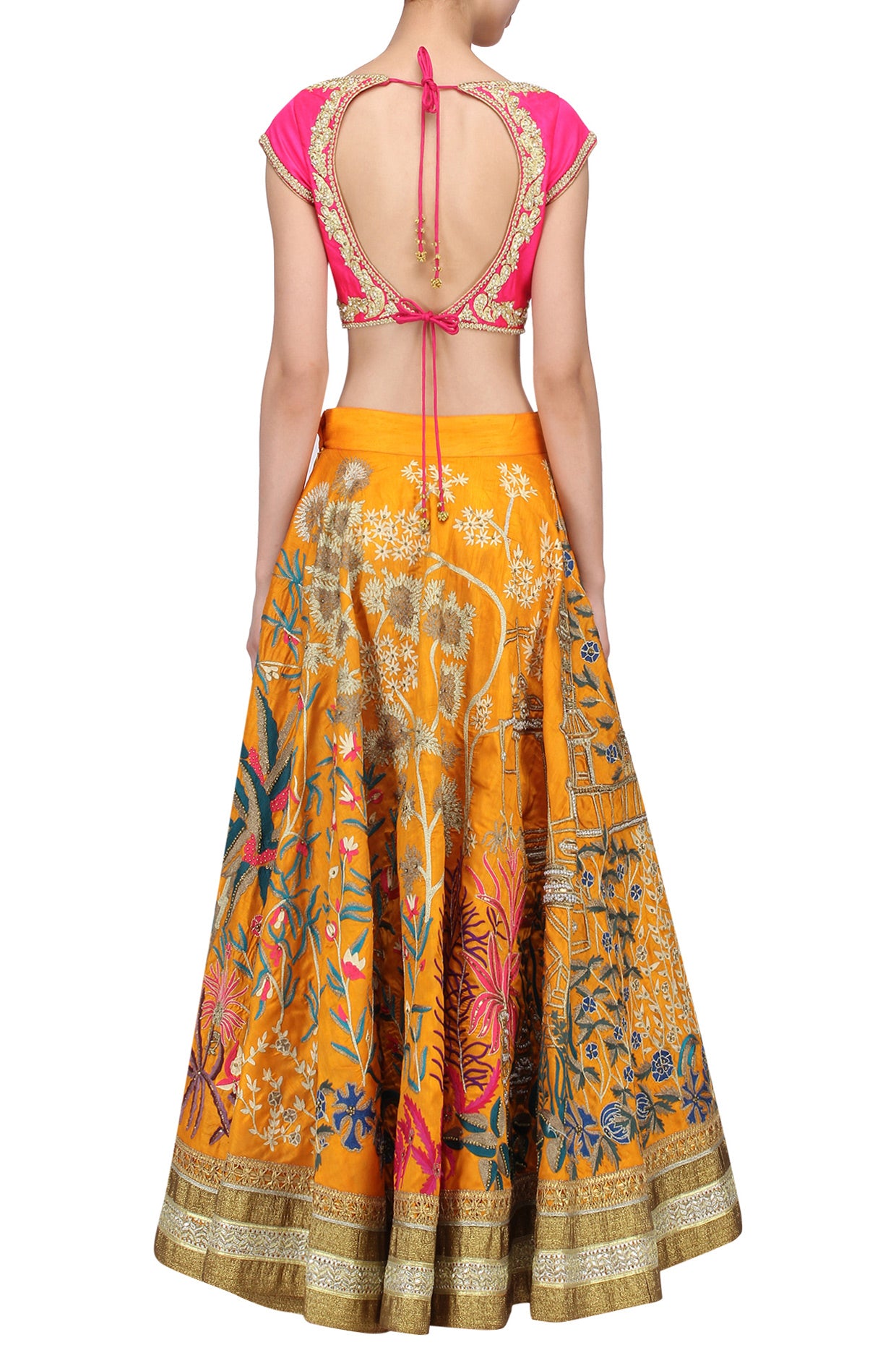 Shruti Hassan in Pink & Mustard Yellow Floral Temple Embroidered Heavy Lehenga Set