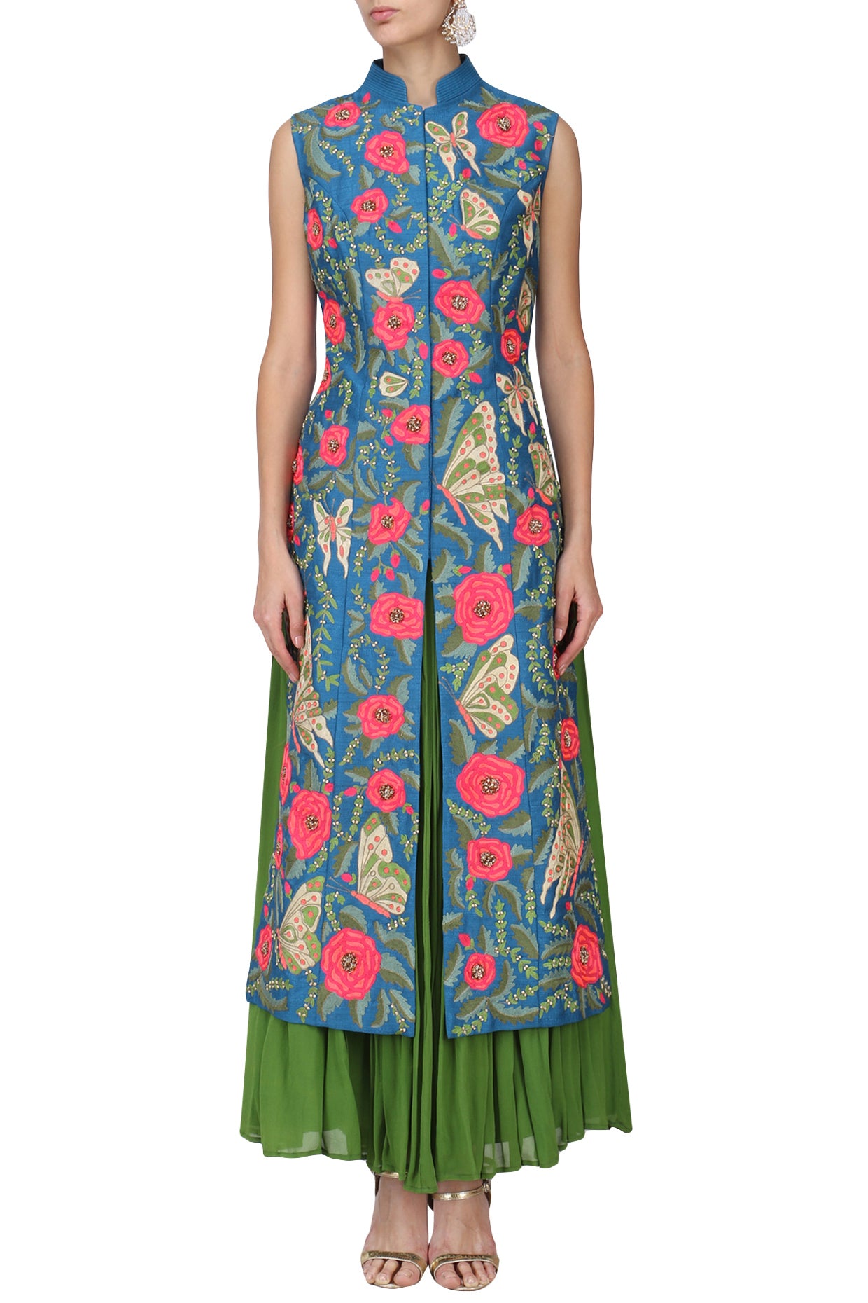 Teal heavily embroidered long jacket with Green Lehanga skirt set