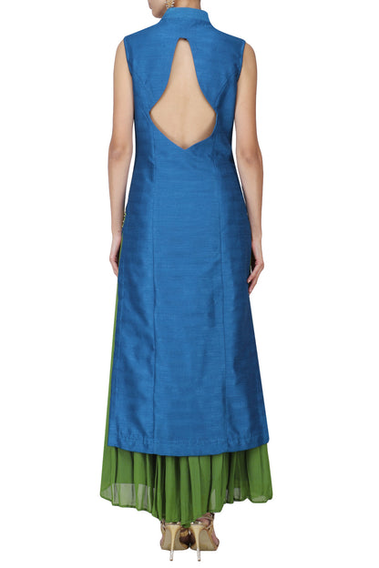 Teal heavily embroidered long jacket with Green Lehanga skirt set