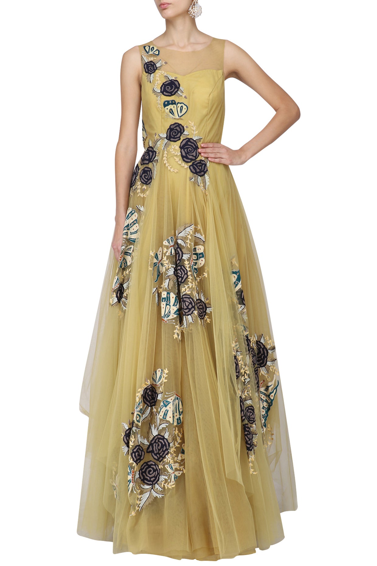 Gold Embroidered  Rose & Butterfly Layered Gown