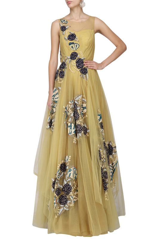 Gold Embroidered  Rose & Butterfly Layered Gown