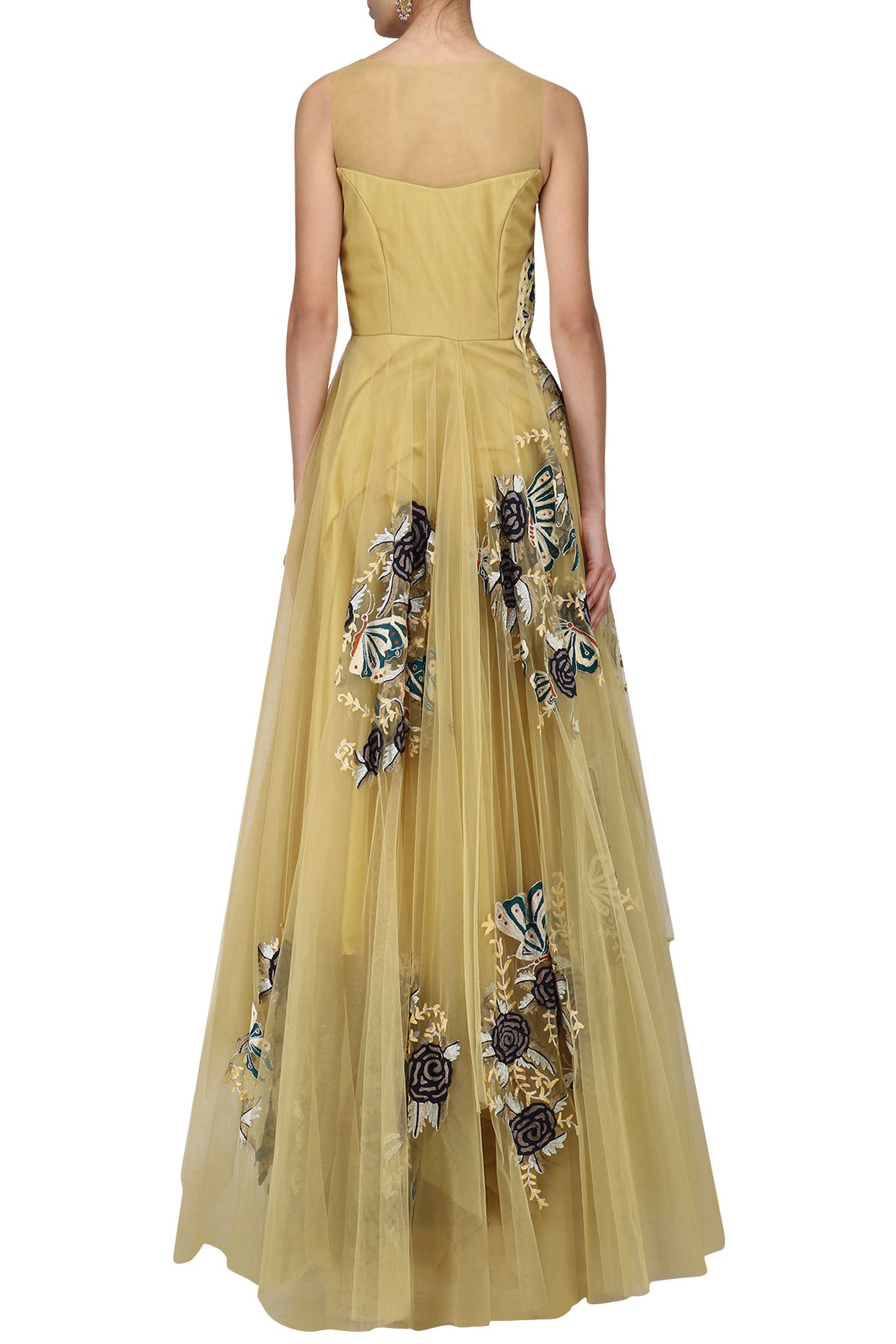Gold Embroidered  Rose & Butterfly Layered Gown