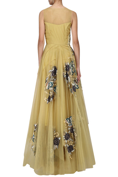 Gold Embroidered  Rose & Butterfly Layered Gown