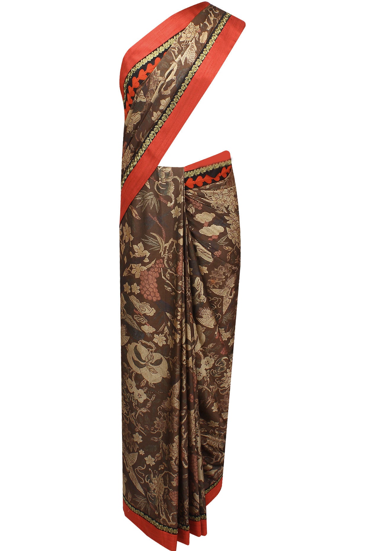Black-brown Forest Printed Sari with Waistcoat