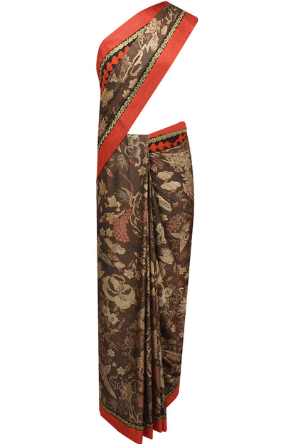Black-brown Forest Printed Sari with Waistcoat
