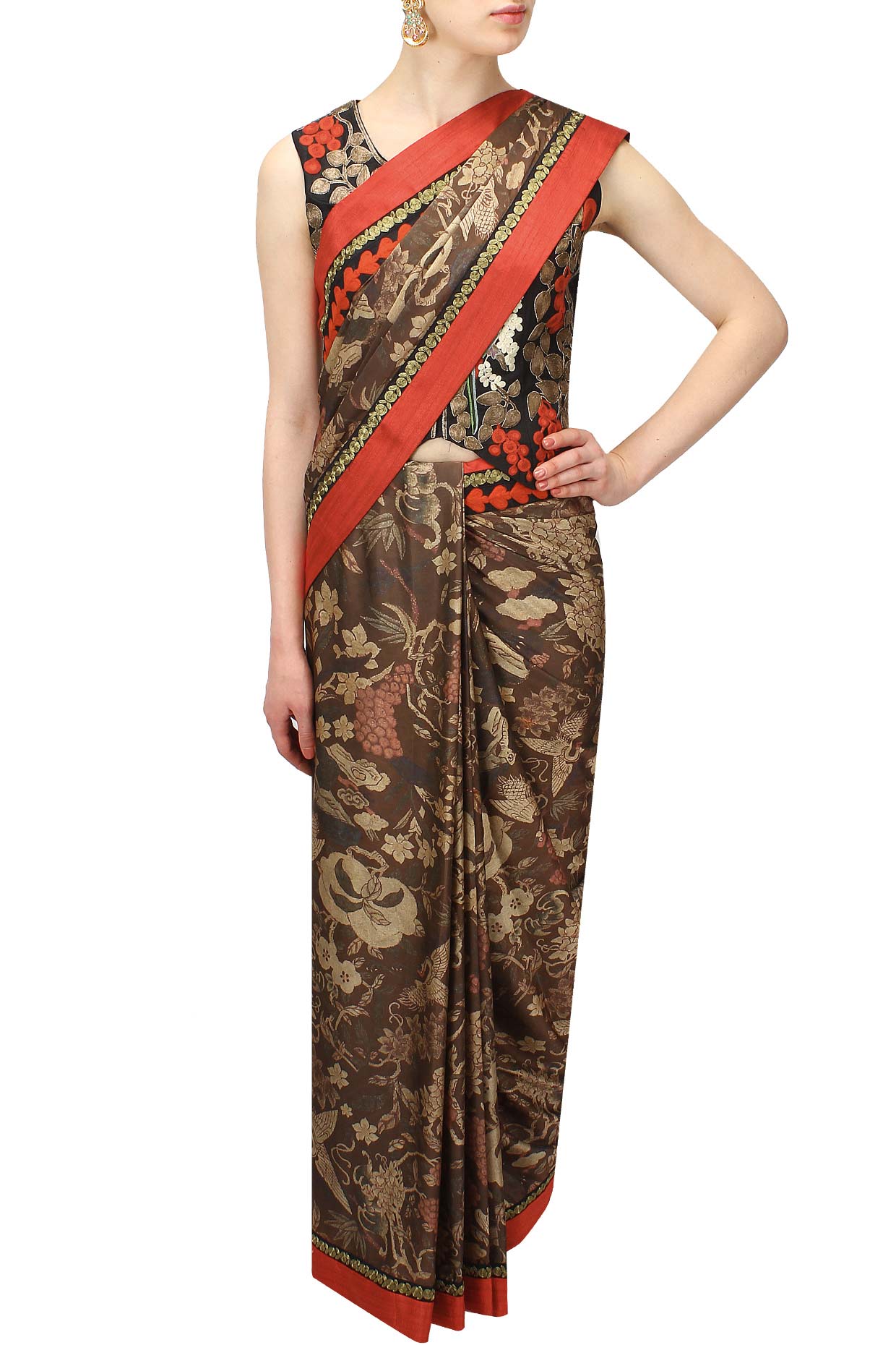 Black-brown Forest Printed Sari with Waistcoat