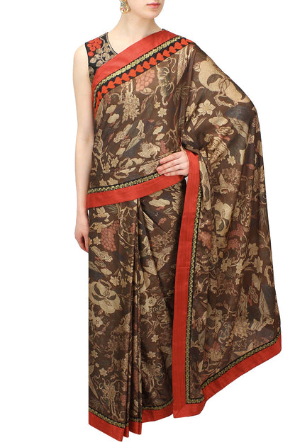 Black-brown Forest Printed Sari with Waistcoat