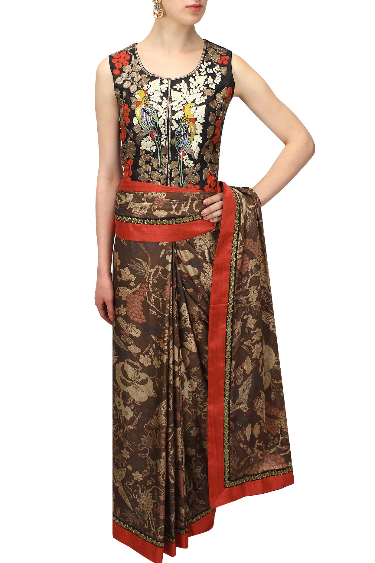 Black-brown Forest Printed Sari with Waistcoat