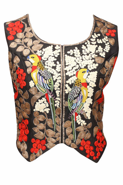 Black-brown Forest Printed Sari with Waistcoat