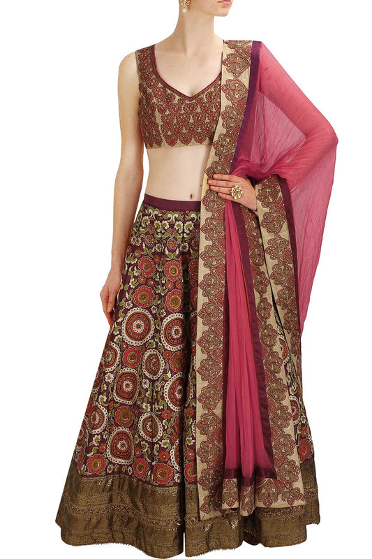 Dark Purple Plum Zardozi and Resham Embroidered Bridal Lehenga and Gold Blouse Set