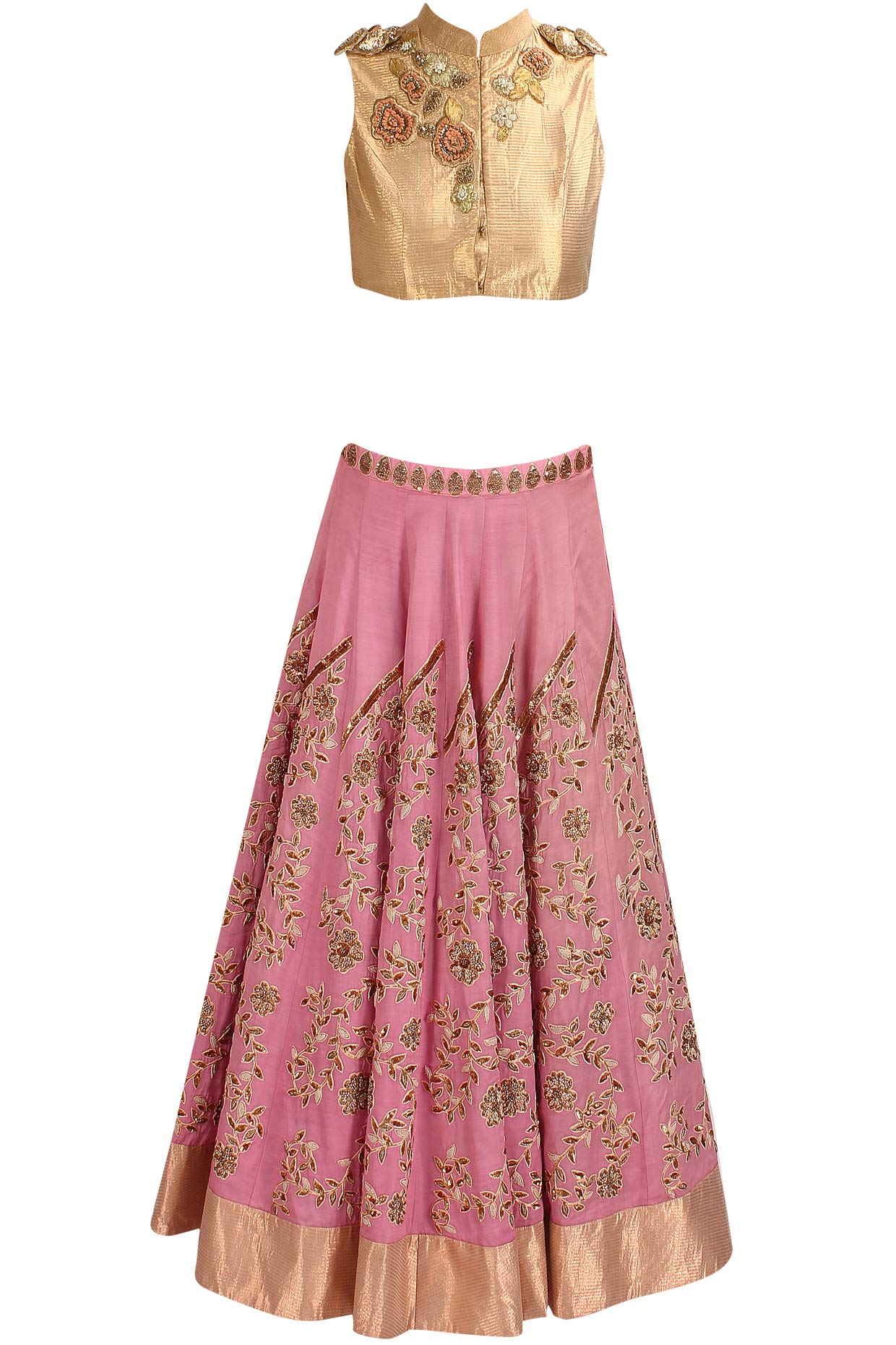 Pink Floral Zardozi and Resham Embroidered Lehenga and Gold Blouse Set