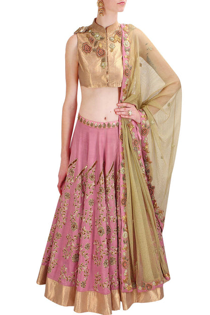 Pink Floral Zardozi and Resham Embroidered Lehenga and Gold Blouse Set