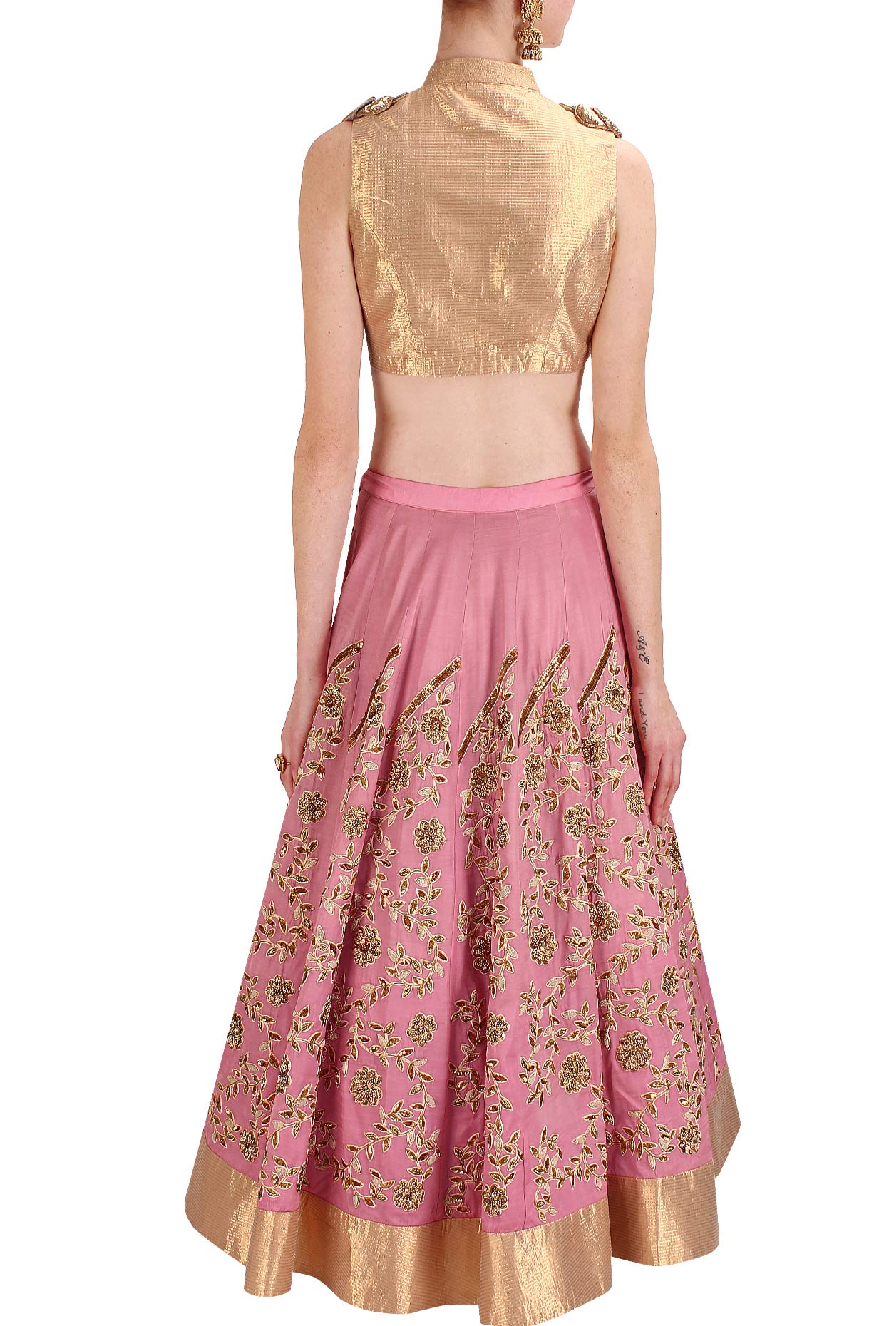 Pink Floral Zardozi and Resham Embroidered Lehenga and Gold Blouse Set