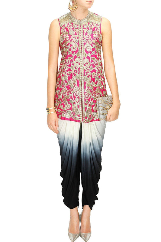 Fuschia pink zari embroidered heavy jacket with ivory and gold shaded dhoti pants