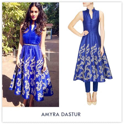 Cobalt Blue Long Dress with Leaf Embroidery &amp; Fitted Cigarette Pants