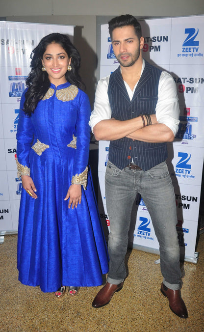Yami Gautam in Cobalt Blue Long Jacket with Full Sleeves and Heavy Zardozi