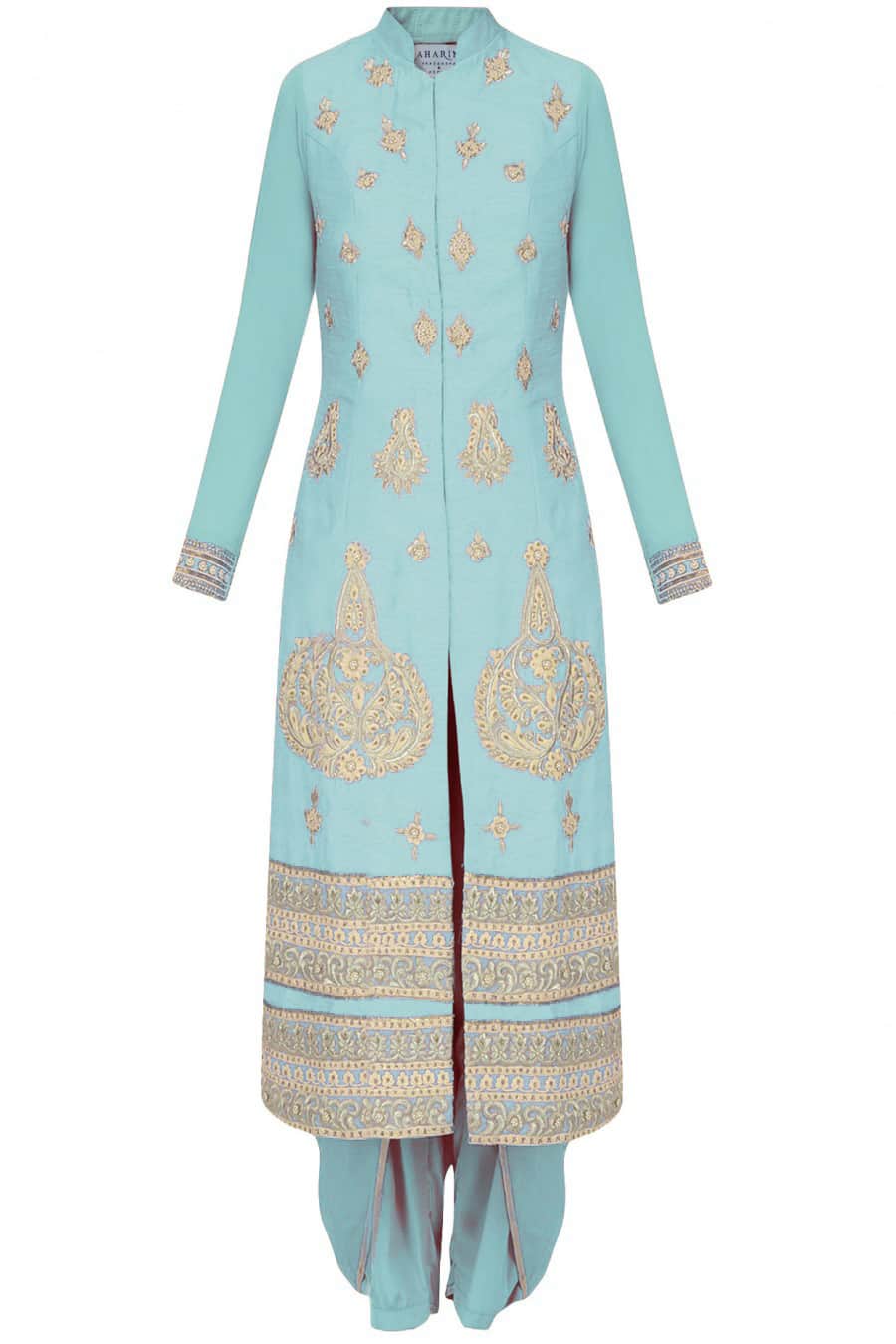 Vintage celeste blue straight kurta with dhoti pants and ivory net dupatta