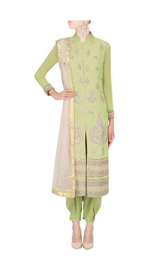 Pistachio green straight kurta with dhoti pants and ivory net dupatta