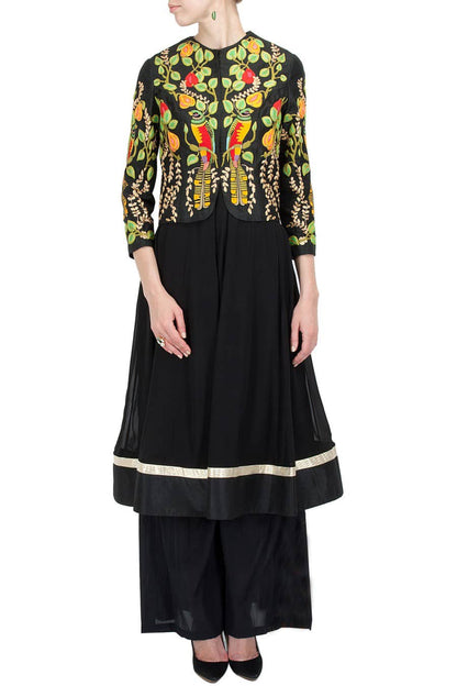 Jet black bright bird embroidered jacket with anarkali and palazoe pants