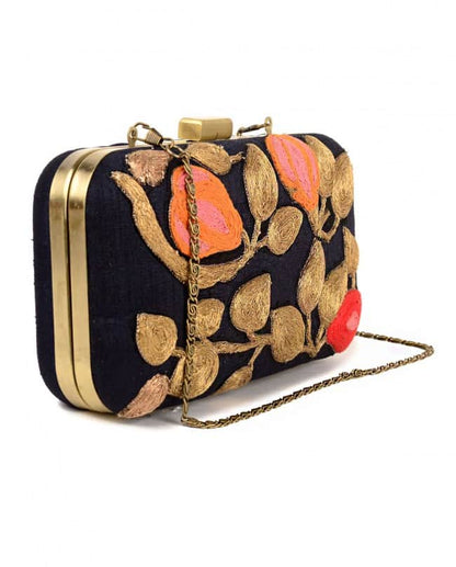 Navy blue fruit embroidered clutch bag