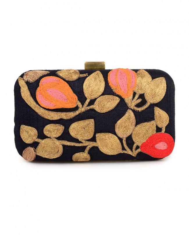 Navy blue fruit embroidered clutch bag