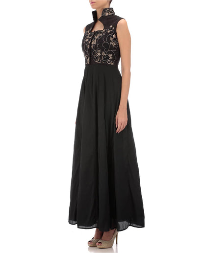 black satin embroidered gown