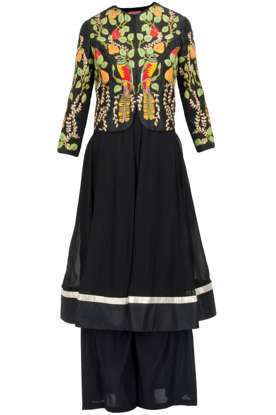 Jet black bright bird embroidered jacket with anarkali and palazoe pants