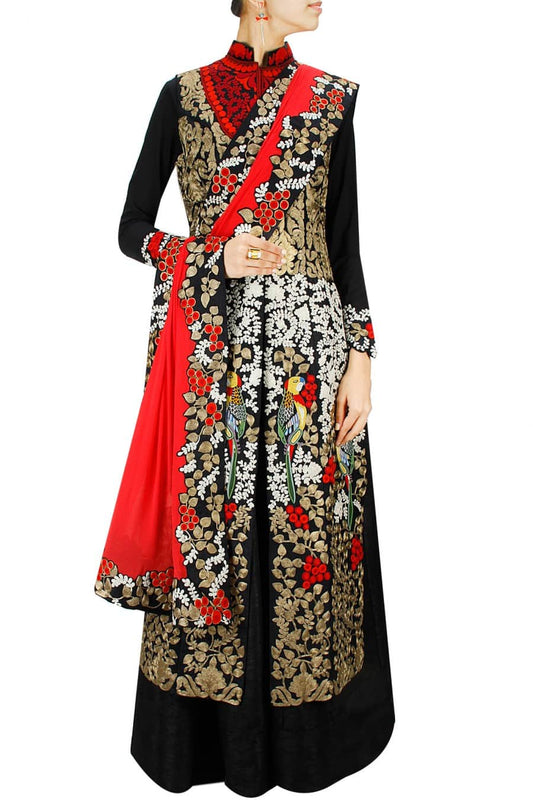 Black Lehenga Set with Bird Embroidered Heavy Straight Jacket