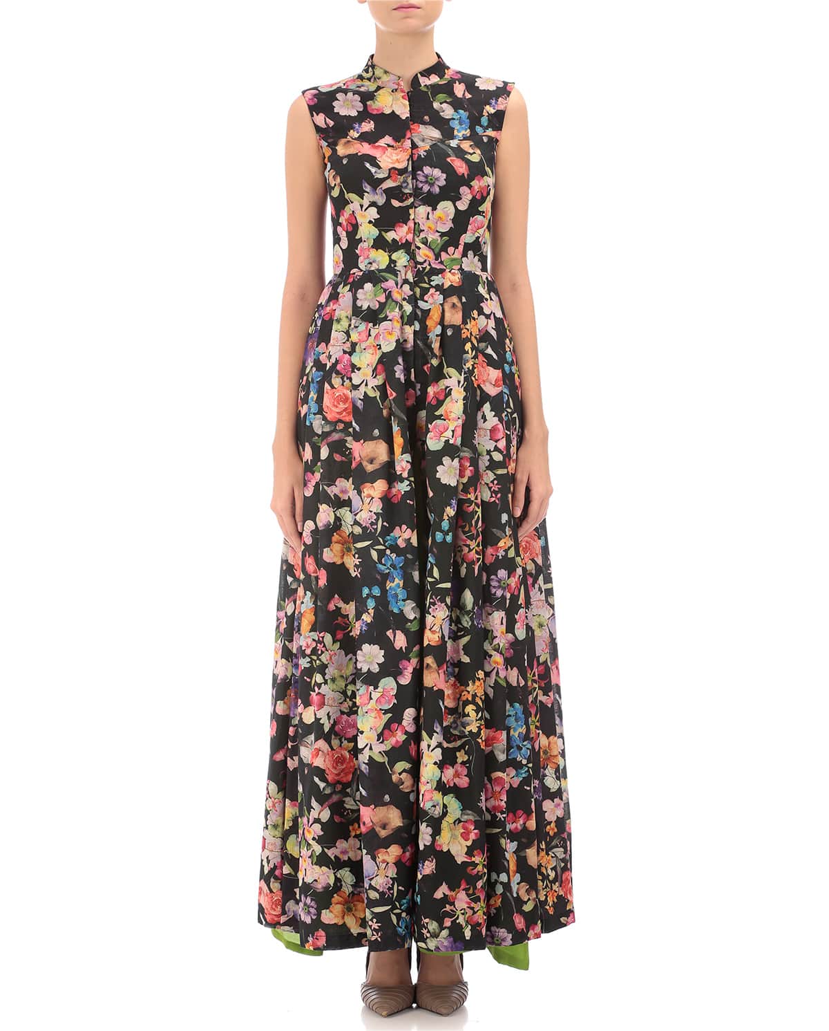 black long dress gown with floral print.