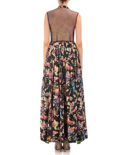 black long dress gown with floral print.