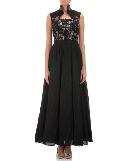 black satin embroidered gown