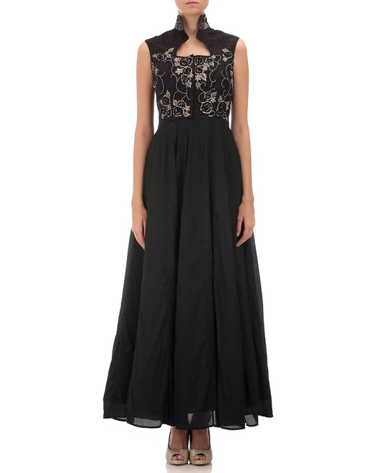 black satin embroidered gown