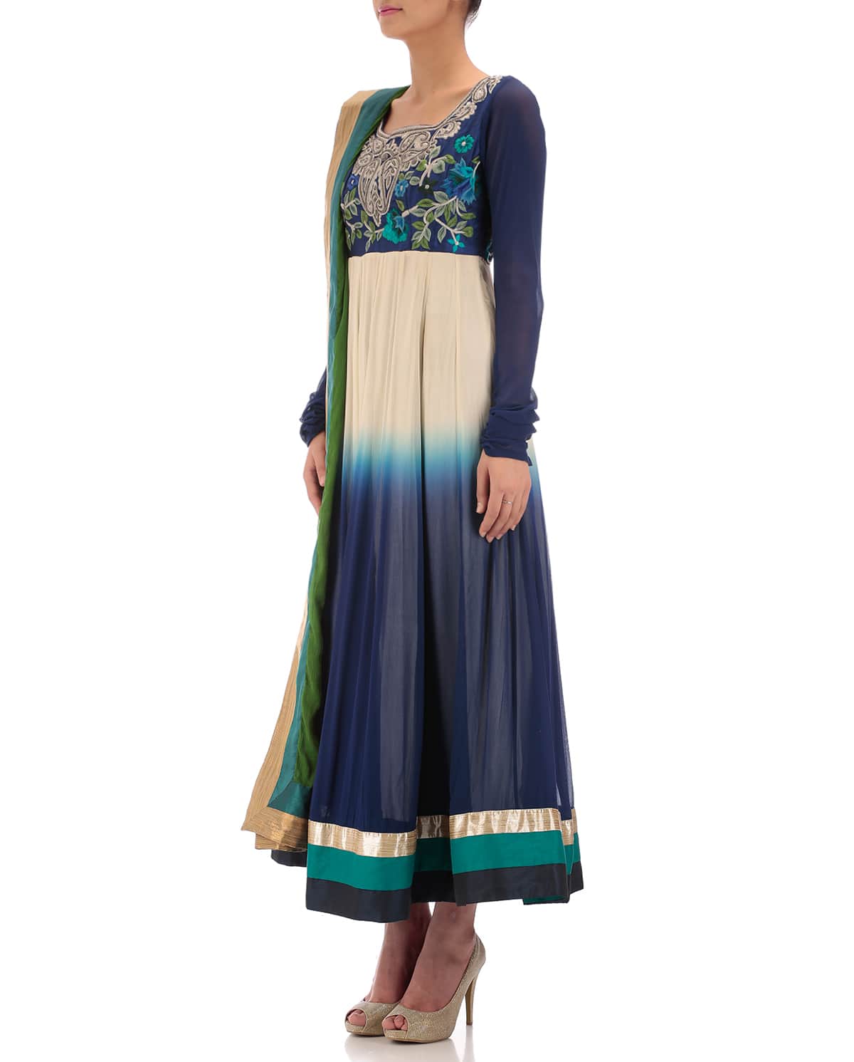 white and blue Queensbury Anarkali