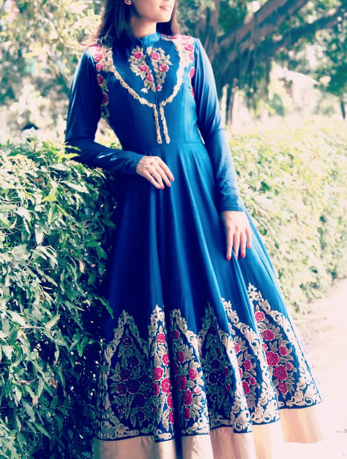 Azure blue long heavy embroidered anarkali with churidaar