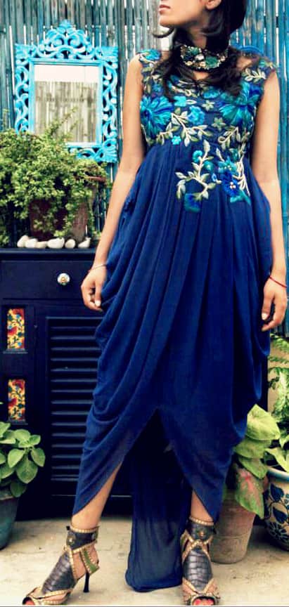 Ink Blue Embroidered Draped Gown