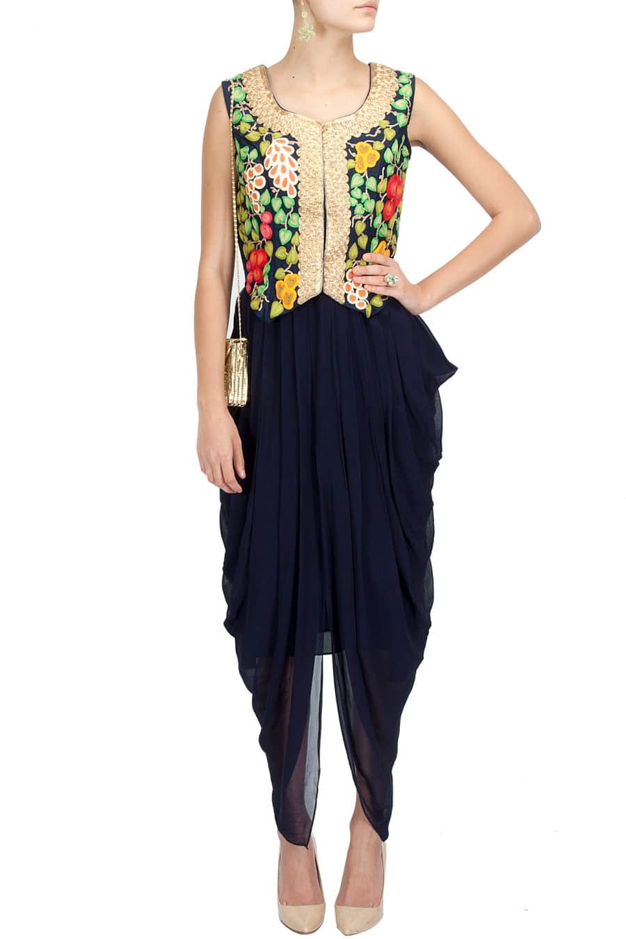 Navy blue fruit & zardozi embroidered waistcoat with navy blue drape dress