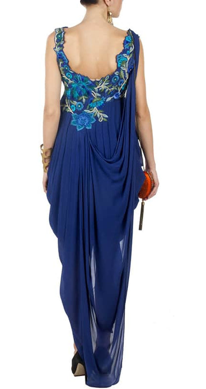 Ink Blue Embroidered Draped Gown