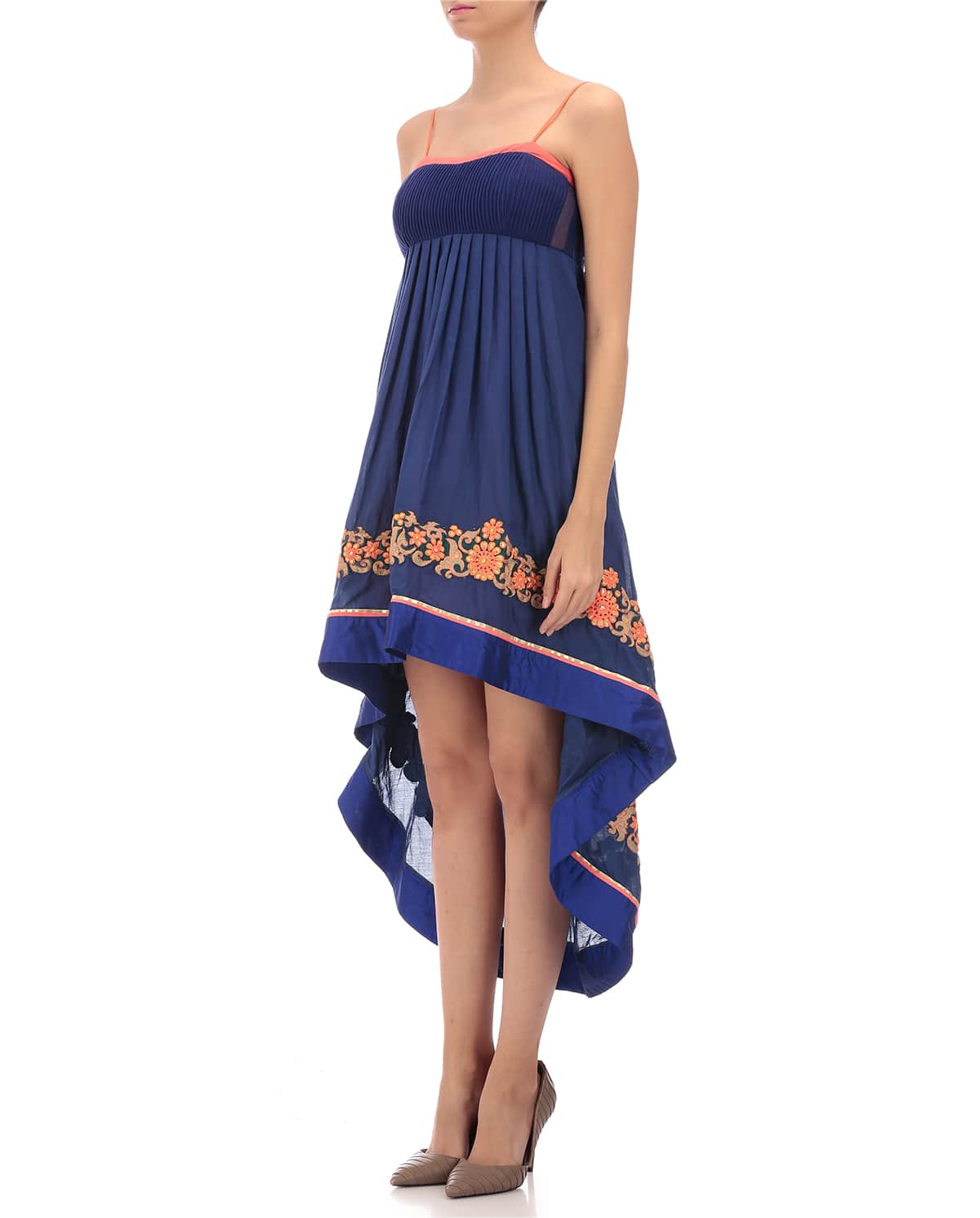 blue assymetrical dress with embroidery.